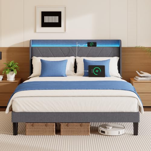 Queen Size Upholstered Bed Frames with Headboard, LED, Charging Stations by Lurxhome - Used condition - CA$193.19