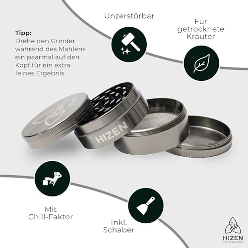 HIZEN Basic Grinder Ø 49mm, 4-teilige Kräutermühle, Crusher Set für getrocknete Kräuter, Pollen, Blüten, Gewürze mit Pollenfach und Schaber (Gunmetal)