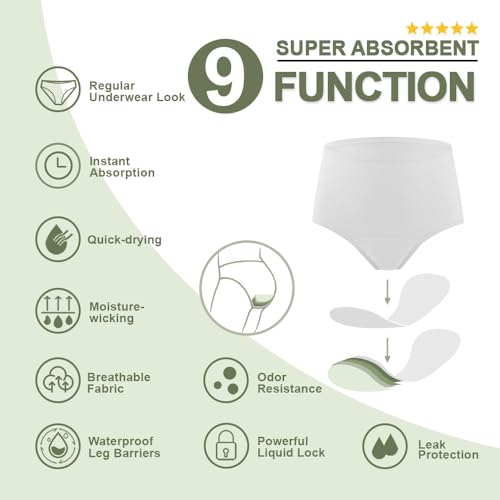 Image of BATTEWA Incontinence Underwear for Women Washable, Leak Proof Underwear High Waist Cotton,Bladder Leakage 50ML (5White, 4X-Large, 5 Pack)