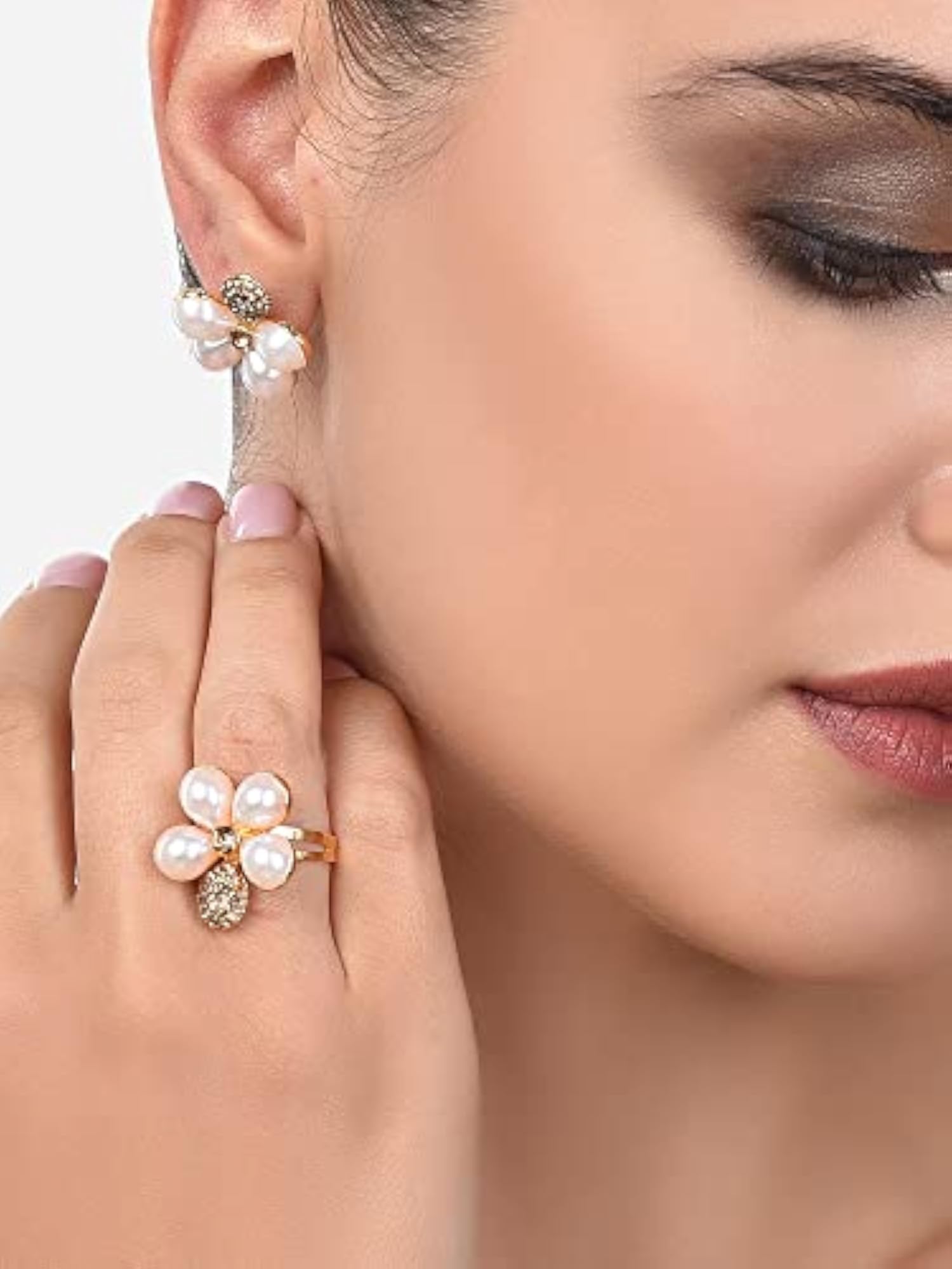 Women's Tone Austrian Diamonds & Embellished Flower Stud Earring & Ring Set
