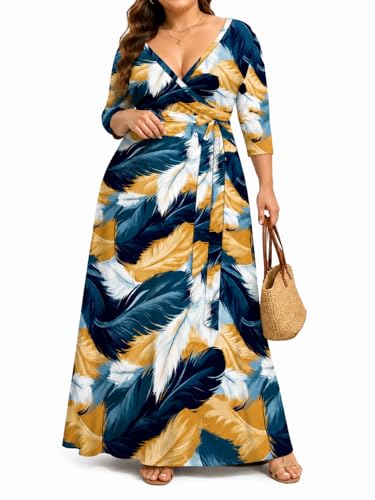 Image of SUZONANA Plus Size Maxi Dresses for Curcy Women Casual Loose 3 /4 Sleeve Long Dress with Belt