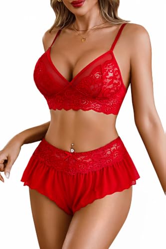 Avidlove Women's Lace Lingerie Set, 2 Piece Sheer Mesh Bralette and Ruffled Skirt Panty, No Underwire Lingerie for Women Red