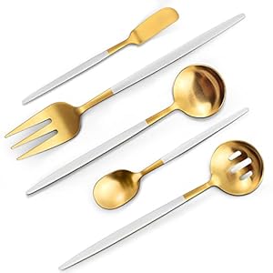 Matte White Gold Serving Silverware Set, 5-Piece Round Shared Utensils Set of Stainless Steel, Hostess Flatware Serving Set, Satin Finish, Dishwasher Safe