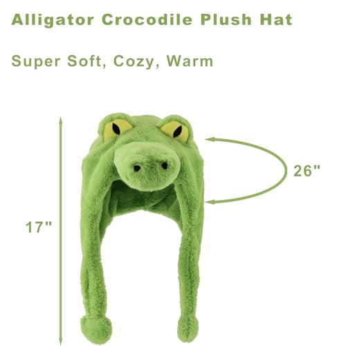 AMAMHAHAVA Alligator Crocodile Plush Hat with Ear Flaps - Cozy Animal Cosplay Beanie Plush Costume Hat - One Size