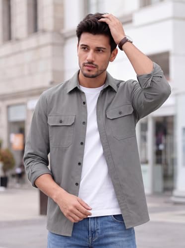 Image of Amazon Brand - INKAST Men's Cotton Blend Button Down Shirt | Long Sleeve Casual Lightweight Breathable Collared Shirts | Soft Comfortable Everyday Wear |Two Flap Chest Pockets |Using like Jacket Shirt