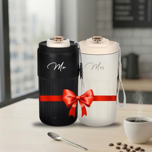 Image of Giftana Mr and Mrs Coffee Tumbler Set of 2, Premium Travel Mug Gift Set, 420ml Black & White Tumblers for Couples, Newlyweds, Husband & Wife, Bridal Shower, Wedding, Anniversary and Engagement Gifts