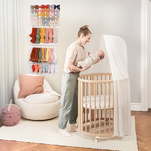 Cn Headband Organizer Holder For Baby Girls, Bow Holder For Girls Hair Bows,Hair Accessories Hanger Boho Ribbon Storage With30 White Clips For Nursery Hanging Room Decor For Wall (All White) #TOP2