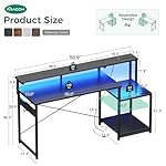 AODK Computer Desk, 56 Inch Gaming Desk with Led Lights & Power Outlet, Office Desk with Storage Shelves, Reversible Desk with Monitor Shelf & Headphone Hook, Carbon Fiber Black - Image 3