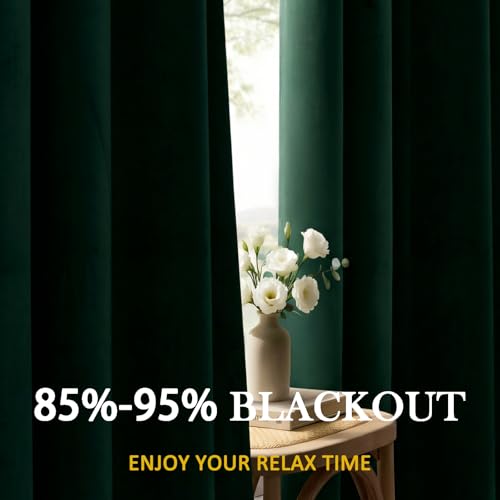 Timeper Dark Green Velvet Blackout Curtains 96 Inches Long Thermal Insulated Window Drapes Grommet Top Noise Reduced Panels Set for Home Office, Living Room, W52 x L96 inches — view 6