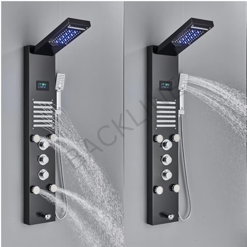 Image of Backline 7 in 1 Thermostatic Shower Panels For Bathroom SS 304, Multifunction Shower System With LED & Hot & Cold Water | Hand Shower | Body Mist Spray | Water Spout (Black Glossy)