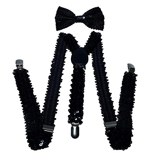 NiceYnn Klassisches Set mit glitzernden Hosenträgern und Fliege, 2,5 cm breit, Y-Rücken, verstellbare elastische Hosenträger mit 3 Clips, 12 cm gewebte vorgebundene Fliege, Einheitsgröße für Männer