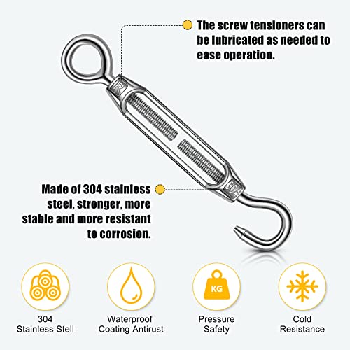 Chumia 16 Pcs M6/5/4 Turnbuckle Hook and Eye 304 Stainless Steel Heavy Duty Turnbuckle for Cables Wire Rope Tension Sun Shade Railing Sail Hardware Hanging DIY String Light Tent(M6,Silver)