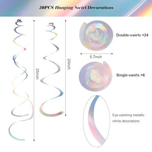 Image of Party Swirl Decorations Iridescent Shinny Foil Hanging Swirl Decorations Plastic Streamer for Ceiling Plastic Streamer for Party Decorations Metallic Hanging Swirl Pack of 30