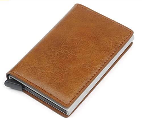 Image of VOGARD Men's Genuine Leather Wallet | RFID Blocking Aluminum Automatic Pop Up Credit Card Holder Case | Holds up to 9 Cards (24 Tan)