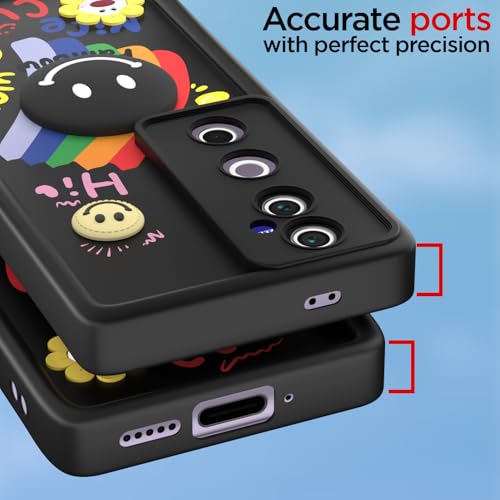 Image of Pikkme Back Cover for Vivo V40 5G / V40 Pro 5G / T3 Ultra 5G | Soft Silicone| Cute Rainbow Smile & 3D Cartoon Flower Design | Shockproof Raised Camera Protection Bumper Case (Black)