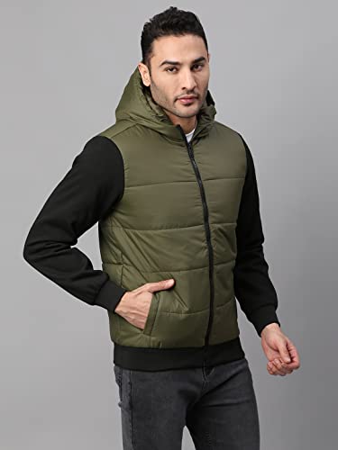 Image of Dennis Lingo Polyester Regular Fit Full Sleeves Men's Color Block Hooded Puffer Jacket with 2 Pockets - Lightweight Casual Winterwear for Men