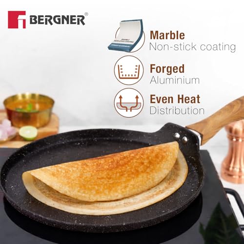 Image of Bergner Ivory Black Granite Non-Stick 4 Pcs Cookware Set - 24cm (2.5L) Kadai with Glass Lid, 24cm Frypan, 28cm Dosa Tawa, Forged Aluminium, Soft Touch Handle, PFOA Free, Induction and Gas Stove Ready