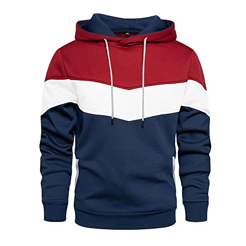 TOLOER Mens Hoodies Pullover Color Block Long Sleeve Lightweight Fleece Sweatshirt RedBlue Large