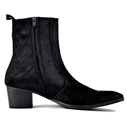 OSSTONE Men Chelsea Ankle Boots Leather Pony Hair Chukka Boots with Side Zipper Heel Dress Boots JY0214