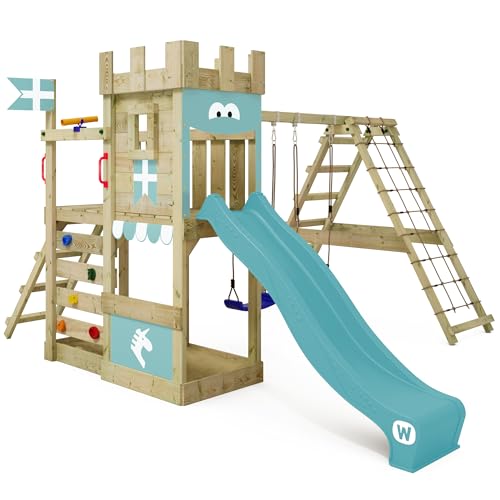 WICKEY Aire de Jeux DragonFlyer avec balançoire & Toboggan, Tour d'escalade pour Enfants avec bac à Sable, échelle & Accessoires de Jeu pour Le Jardin - Bleu Pastel