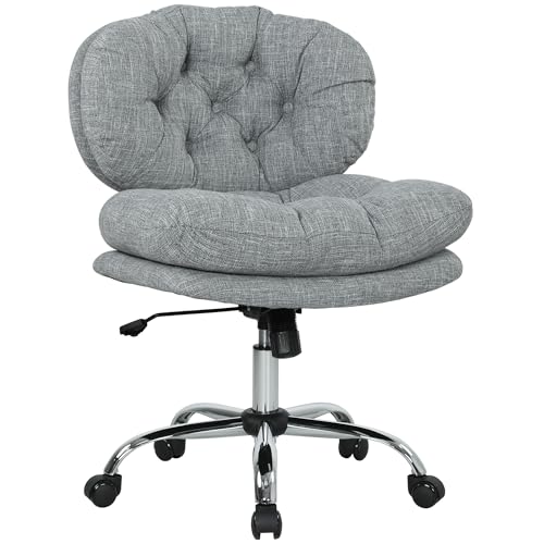 HOMCOM Wide Seat Office Chair with Smooth Wheels, Armless Computer Desk Chair, Height Adjustable Swivel Fabric Vanity Seat for Office, Grey