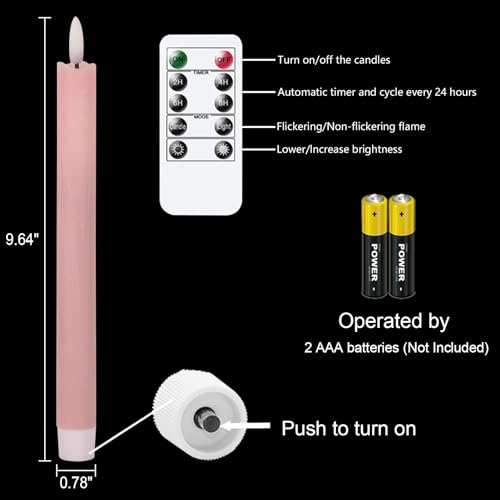 Image of GenSwin Flameless Pink Taper Candles Flickering with 10-Key Remote, Battery Operated Led Warm 3D Wick Light Window Candles Real Wax Pack of 6, Christmas Home Wedding Decor(0.78 X 9.64 Inch)