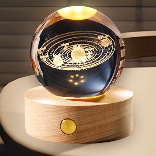 Bola de cristal 3D luz noturna com base de madeira, bola de cristal USB 3D, sistema solar, planetas, 60 mm, sistema solar LED, candeeiro de vidro, candeeiro de presente para mulheres, crianças,