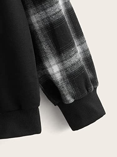 Verdusa Women's Colorblock Plaid Long Sleeve Drawstring Hoodie Top Sweatshirts Black S #TOP3