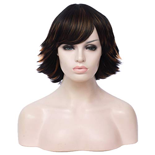BUFASHION 12 Inch Short Curly Synthetic Wigs for Women Pixie Fluffy Natrual Cosplay Costume Wig with Side Part Bangs (Black with Gloden)