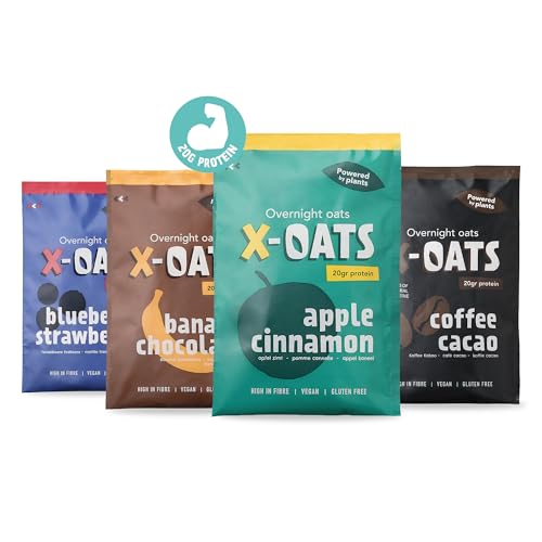 X-OATS® breakfast shake| high in protein and fibre- 8x70gr overnight oats shake| low-sugar, vegan & gluten-free | 8-pack[2x apple/cinnamon,2x coffee/cocoa,2x banana/chocolate,2x blueberry/strawberry]