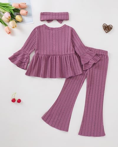 Image of SODLON Baby Girl Clothes Toddler Fall Winter Outfits Ruffle Long Sleeve Bow Top Flared Pants Set Bell Bottom Clothing 18M-5T