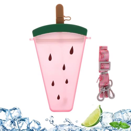 YFEIQI Bonitas botellas de agua con forma de rebanada de sandía, botellas de plástico de 320 ml con popote y correa ajustable para el hombro, taza de agua portátil a prueba de fugas para deportes al