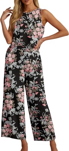 IWOLLENCE Women's Summer 2 Piece Outfits Set Round neck Sleeveless Tank Crop Top Wide Leg pants Set Pockets Jumpsuits Black Ishitake XL