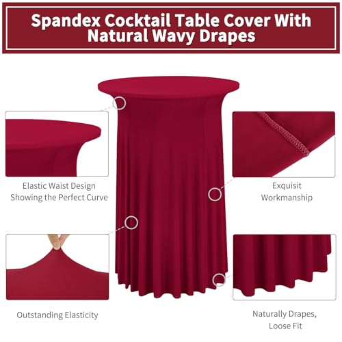 REWOMC 4 Packs Round Cocktail Table Skirt 32"x 43" Spandex Stretch Cocktail Tablecloth with Wavy Drapes, Wine Red Spandex Fitted High Top Table Covers for Wedding Bar Party Birthday Banquet Tables by REWOMC - Image 3