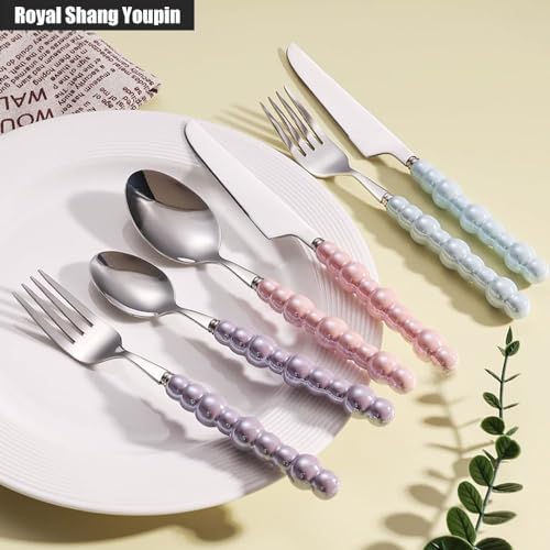 Miniatura 5 de Perla Mango De Cerámica Cocina Acero Inoxidable Cubiertos Vajilla Cubiertos Juego De Cubiertos Hotel Creativo Cuchillo De Carne Para El Hogar Cuchara De Postre Rosa,16 Piezas