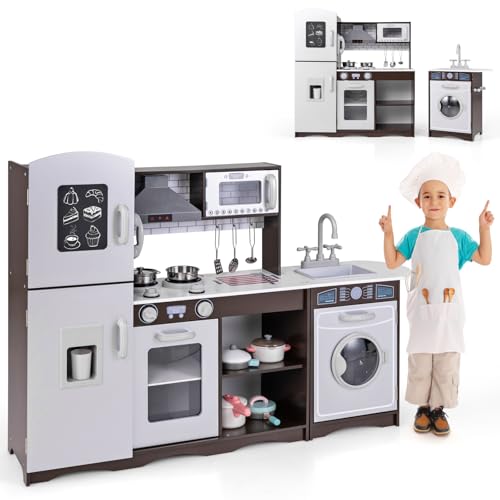 COSTWAY Cocina Juguete para Niños, Cocinita Infantil con Luz y Sonidos, Fogón, Fregadero, Máquina de Hielo, Microondas, Lavadora, Campana extractora, Teléfono, Accesorios, para Niños de 3+ Años