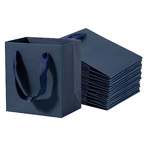 driew Mini Navy Blue Kraft Gift Bags 100 Pcs, 4" x 2.8" x 4.5" Small Gift Bags Bulk Thick Paper with Navy Blue Handles Set for Wedding Party Birthday Gathering Baby Shower