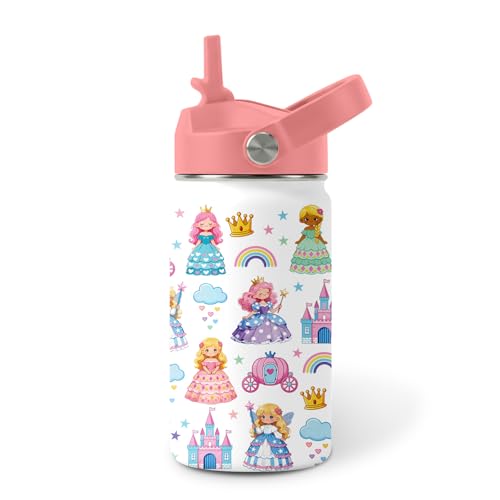 Image of Princesses Water Bottle for Daughter, Stainless Steel Insulated Tumbler with Straw Lid and Handle, 12oz Reusable Leak-Proof Bottle for Sports