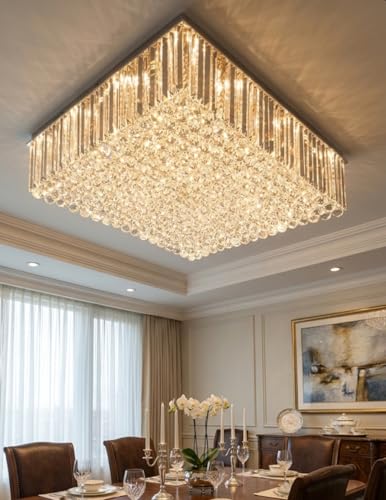 Image of Sanleen Enterprises Rectangular Crystal Chandelier Ceiling Light 24x36 Inch | Modern LED Flush Mount Ceiling Lamp for Living Room, Dining Room, Hall & Home Decor | Luxury Jhoomar