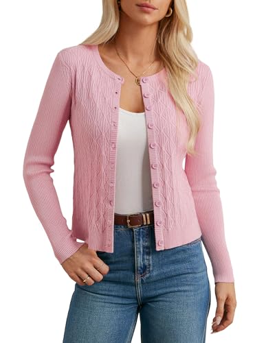 GRACE KARIN Damen Classic Cardigan Langarm Kurz Strickjacke Button Down Freizeit Strickjacke Rosa L