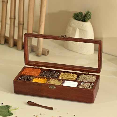 Image of Brick Brown Premium Handcrafted Wooden Prism Masala Box with Wooden Spoon | 9-Compartment Spice Box Organizer with Acrylic Lid | Masala Dani Namak Dani Dabba | Masala's Container Popula Dabba