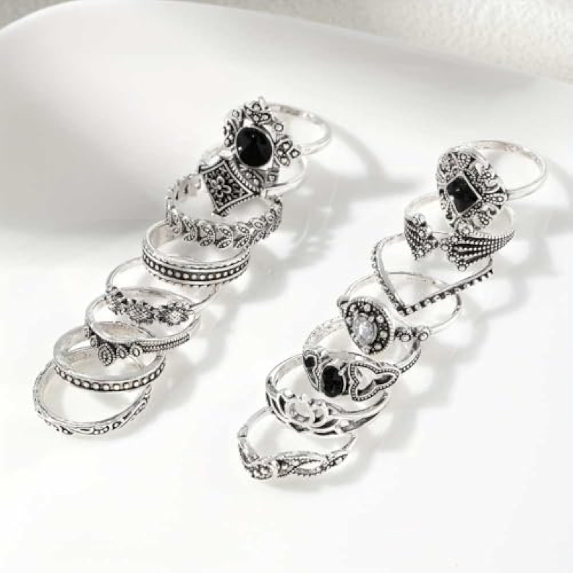 Bohemian Vintage Silver Ring Combo, Cubic Zirconia Stackable Rings (Silver)