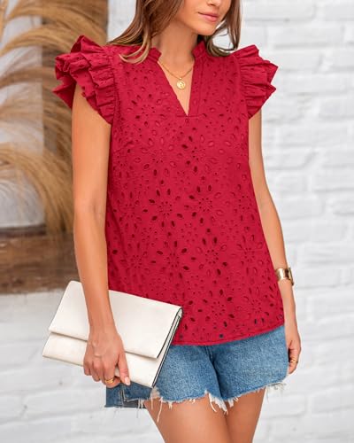 BTFBM Women Summer Eyelet Tops Dressy Casual V Neck Ruffle Cap Sleeve Cotton Boho Shirts Lace Embroidered Blouses 20254