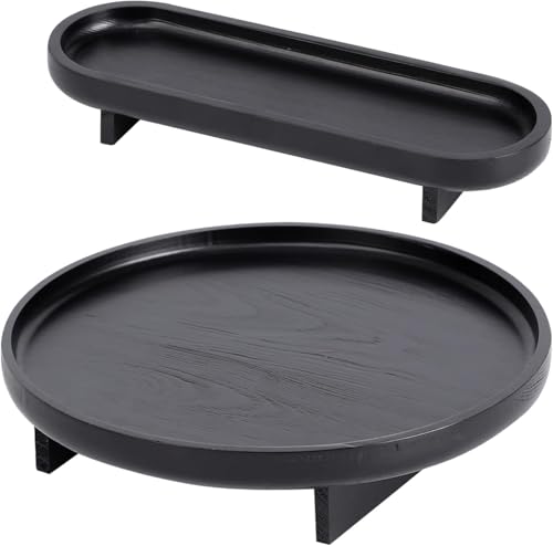 Image of 2 Pcs Round Wooden Decorative Tray, Black, Modern, 11.8 inchL x 11.8 inchW x 2.5 inchH (Large), 11.8 inchL x 4 inchW x 2 inchH (Small), Perfect for Coffee Table, Bathroom Vanity, Kitchen Counter, Gift