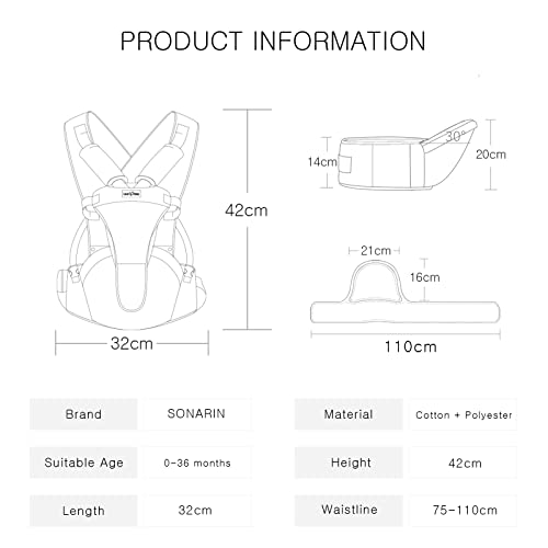 Miniatura 7 de Sonarin Transpirable Simple Portabebé Asiento De Cadera,Mochila Portabebés Con Asiento De Cadera Ergonómico Portador De Bebé Portabebés Multifuncional Para Recién Nacidos 0-36 Meses Gris