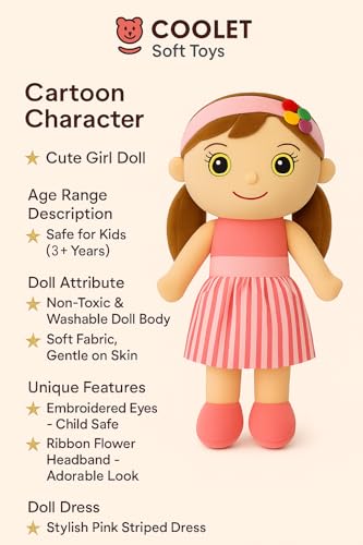 Image of Melina Cute Soft Doll Plush Hugging Doll Girls - Pink Dress Stuffed Toy with Colorful Headband - Cute Huggable Gift for Kids, 57 cm (Pink)
