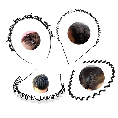 Image of Pack of 4 Unisex Black Metal Wavy, Spring Zigzag, and Plastic Double Layer Twist Plait Hairbands for Daily Use - Stylish and Comfortable Headbands for Men, Women, Boys, and Girls