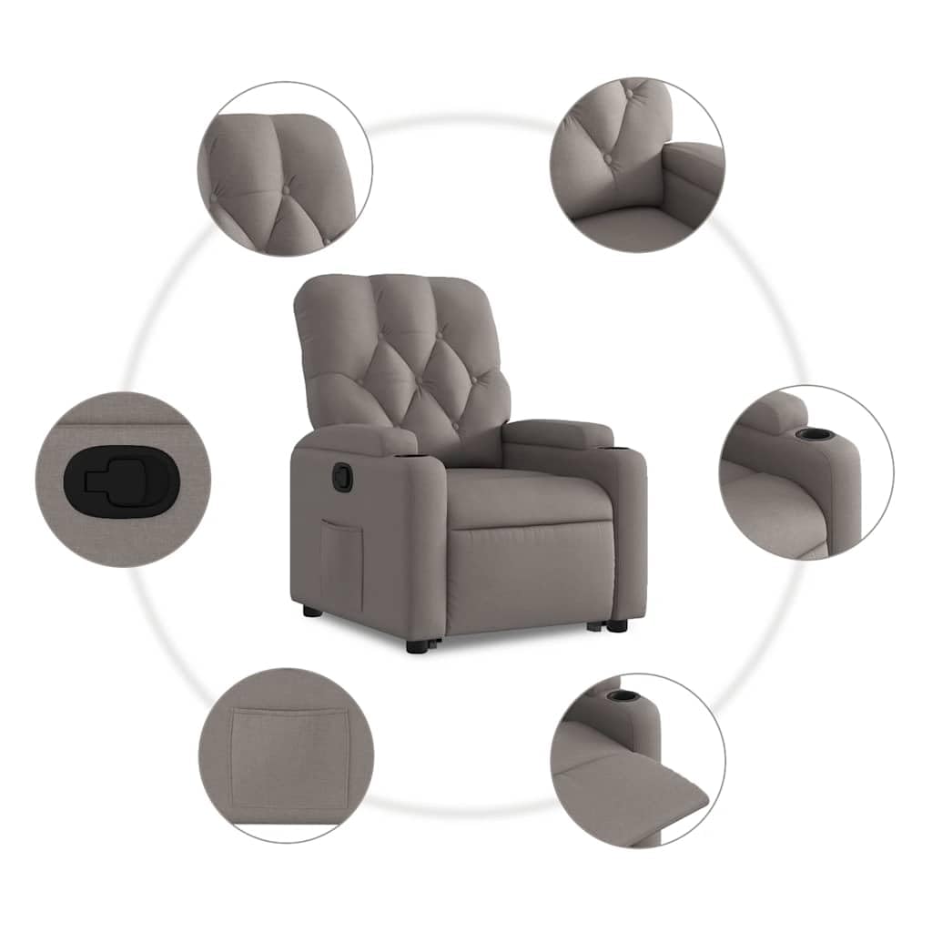 Relaxsessel mit Aufstehhilfe Elektrisch Taupe Stoff 74x86,5x93,5 cm gemütlicher Lesesessel bis 110 kg für Wohnzimmer Schlafzimmer und Seniorengerechtes Wohnen