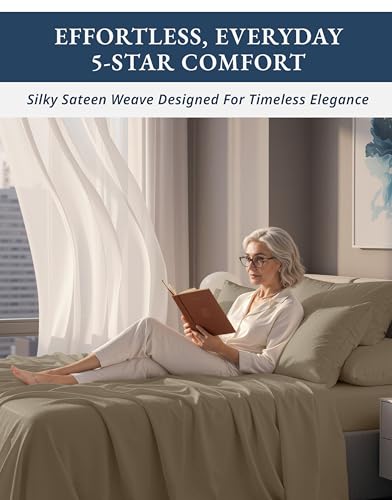 Image of LANE LINEN Cotton Full Size Sheet Sets 100% Egyptian Cotton Sateen - Taupe | Full XL Sheets Set - 4-Piece Set, For A Luxurious Night's Sleep, For Guests And Everyday Use, Guest-Ready Comfort