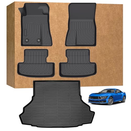 Floor Mats for Ford Mustang 2015-2025 (Not for Mustang Mach-E, Not for Cargo Liner with Subwoofer), TPE Waterproof Non-Slip All Weather Protection Custom, Floor Mats & Cargo Liner
